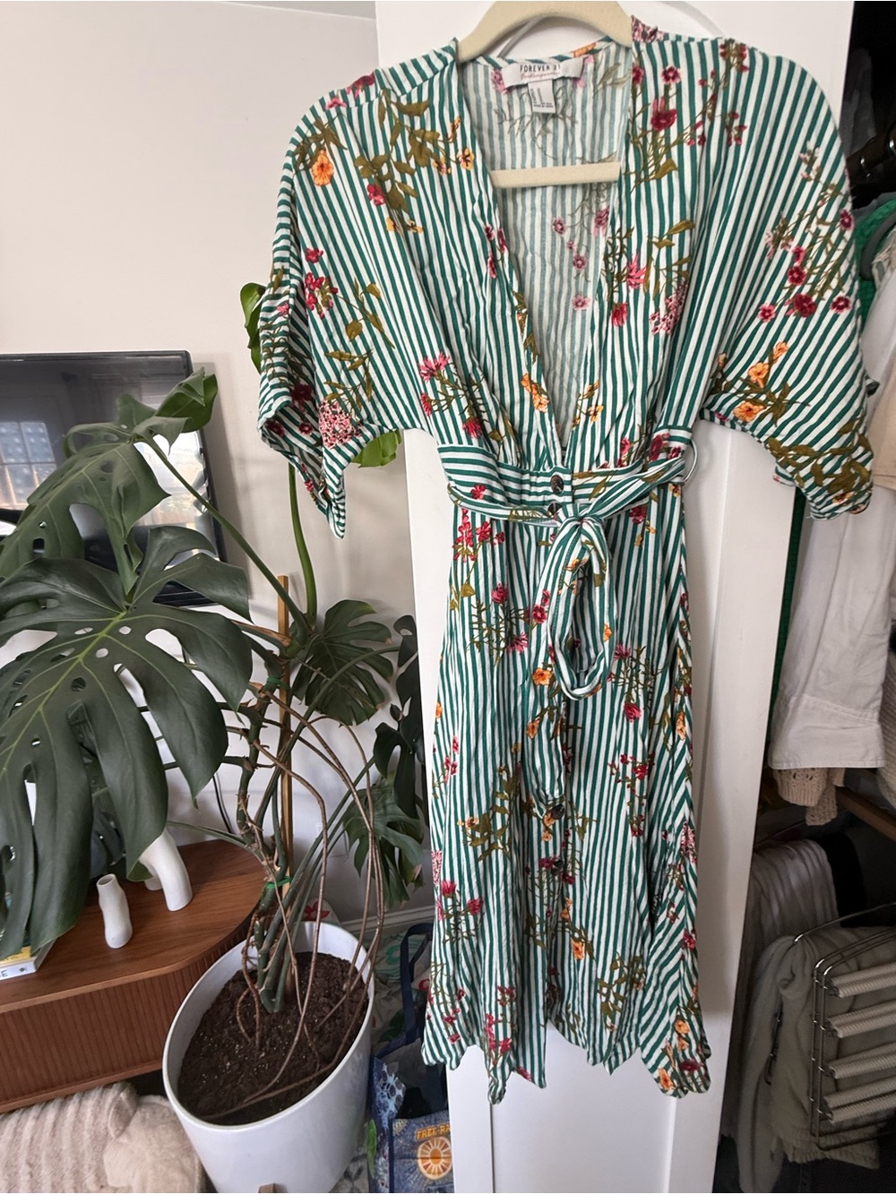 FOREVER21 Green Striped Floral Wrap Dress